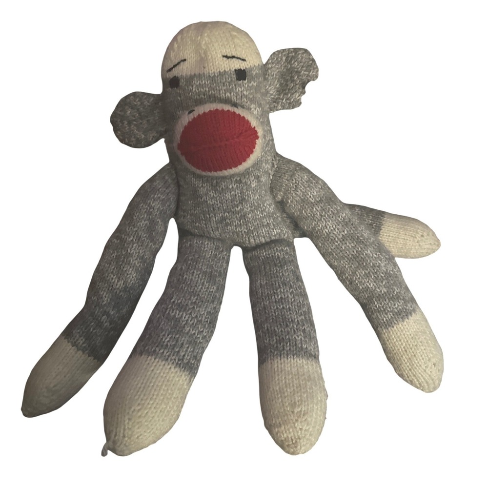 Vintage Style Grey Marl Knit Sock Monkey Plush Stuffed Animal Toy Red Lips